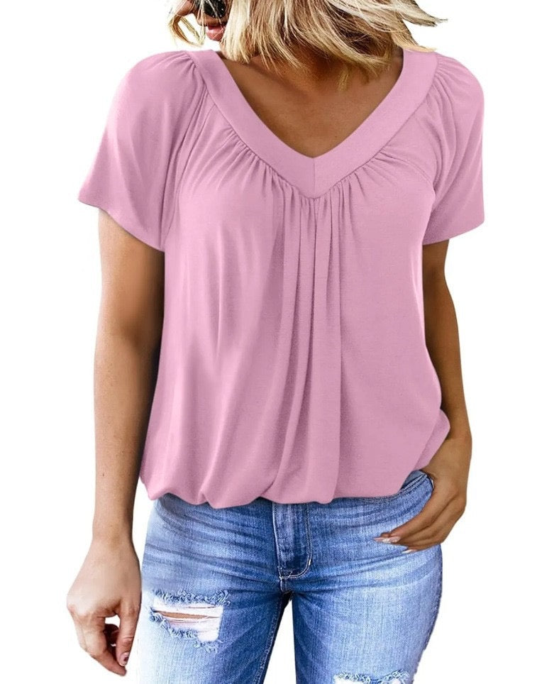Women's Casual Pleated V-Neck Short-Sleeve Top (Buy 3 Free Shipping)