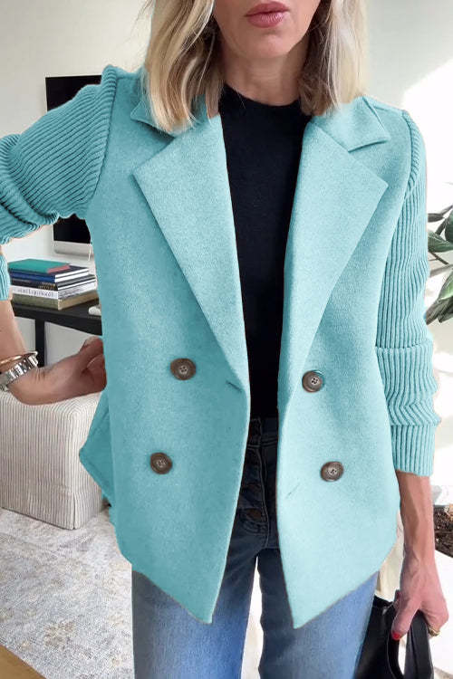 Women's Lapel Button Knitted Sleeve Casual Coat with Two Pockets on the Sides