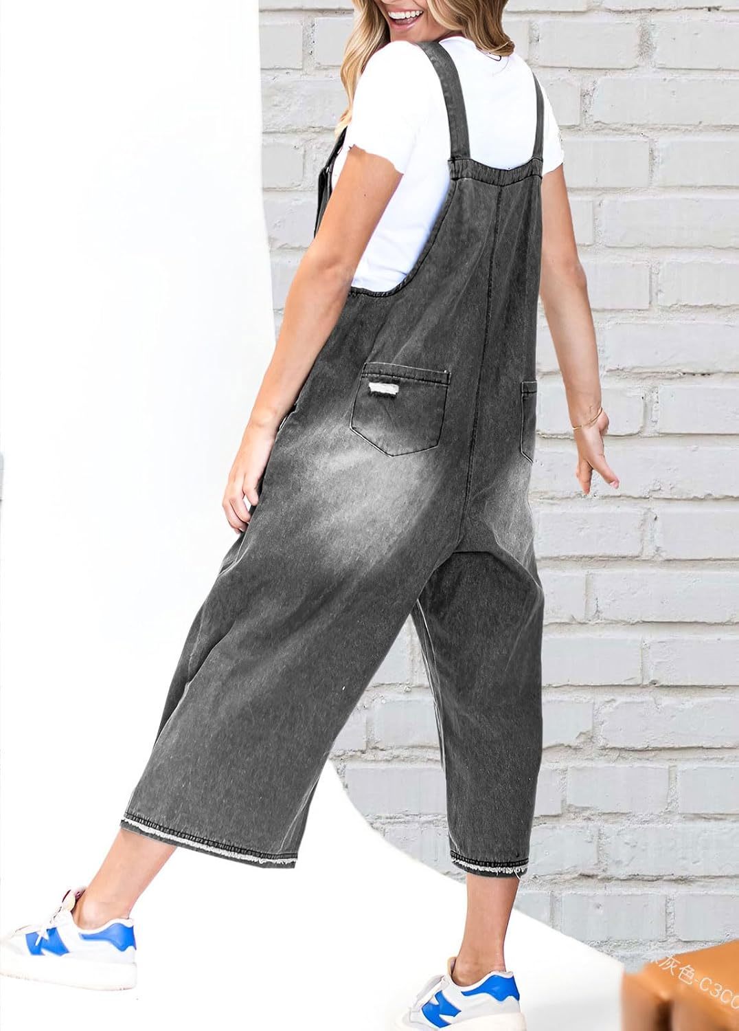 Loose Fit Adjustable Strap Distressed Denim Bib Overalls