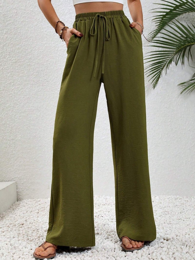 Drawstring Waist Slant Pocket Wide Leg Pants