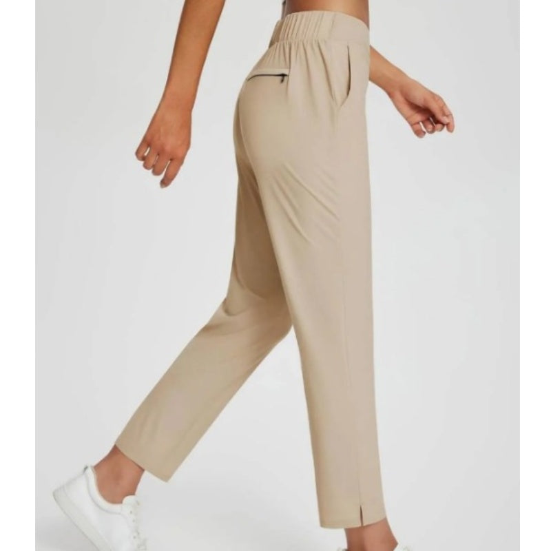 Women's High-Waisted Elastic Pants with Zipper Pockets