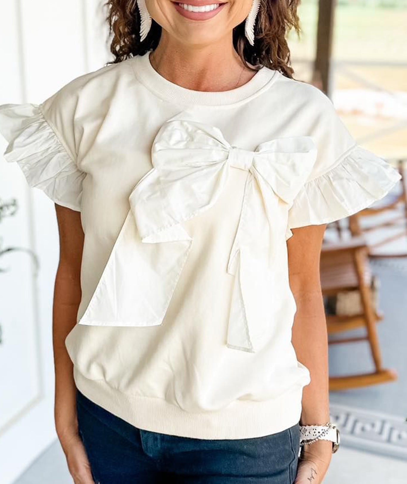 Women's Contrast Ribbon Bow Ruffle Sleeve Top (Buy 2 Free Shipping)