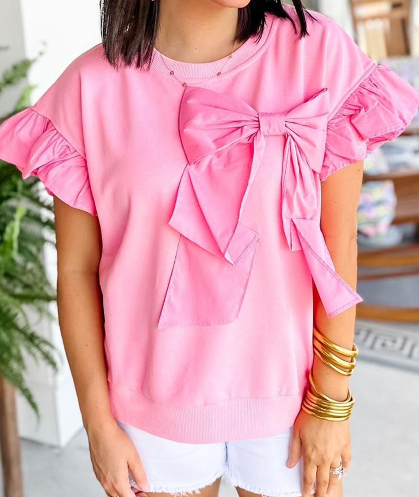 Women's Contrast Ribbon Bow Ruffle Sleeve Top (Buy 2 Free Shipping)