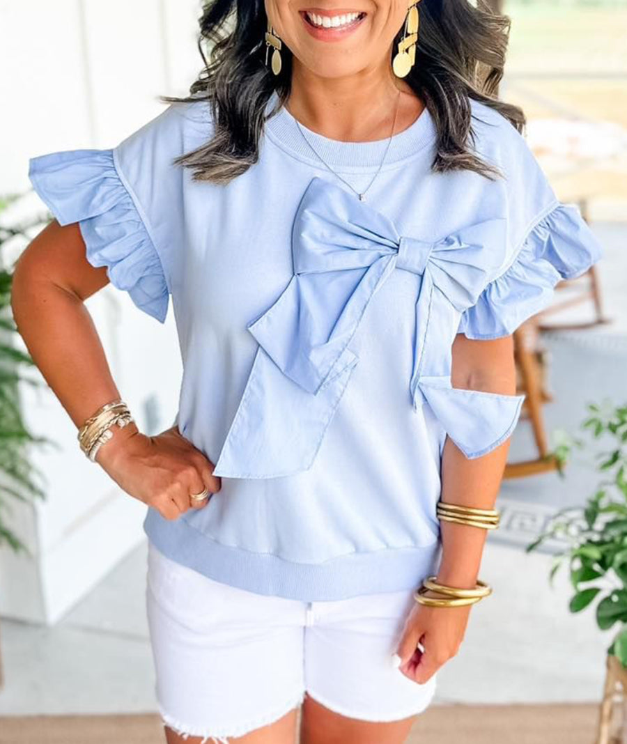 Women's Contrast Ribbon Bow Ruffle Sleeve Top (Buy 2 Free Shipping)