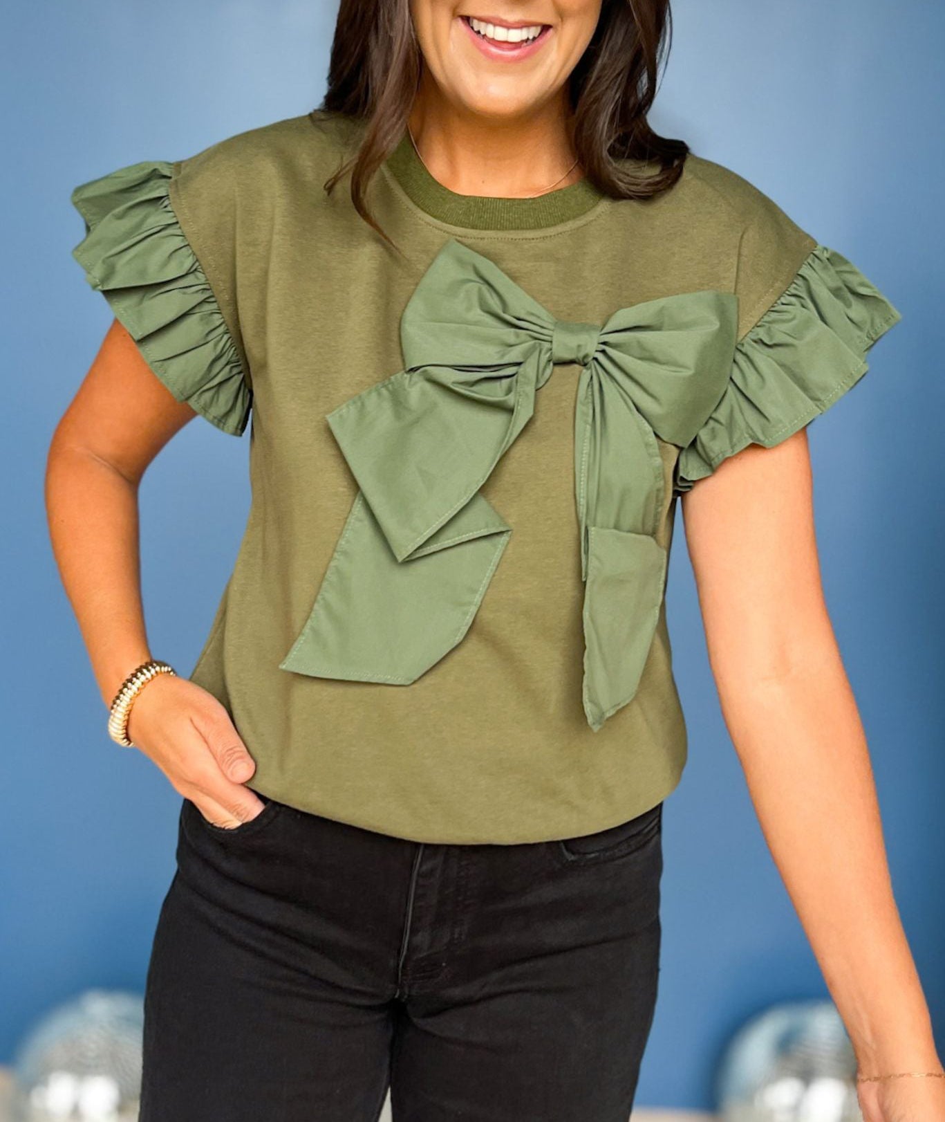 Women's Contrast Ribbon Bow Ruffle Sleeve Top (Buy 2 Free Shipping)