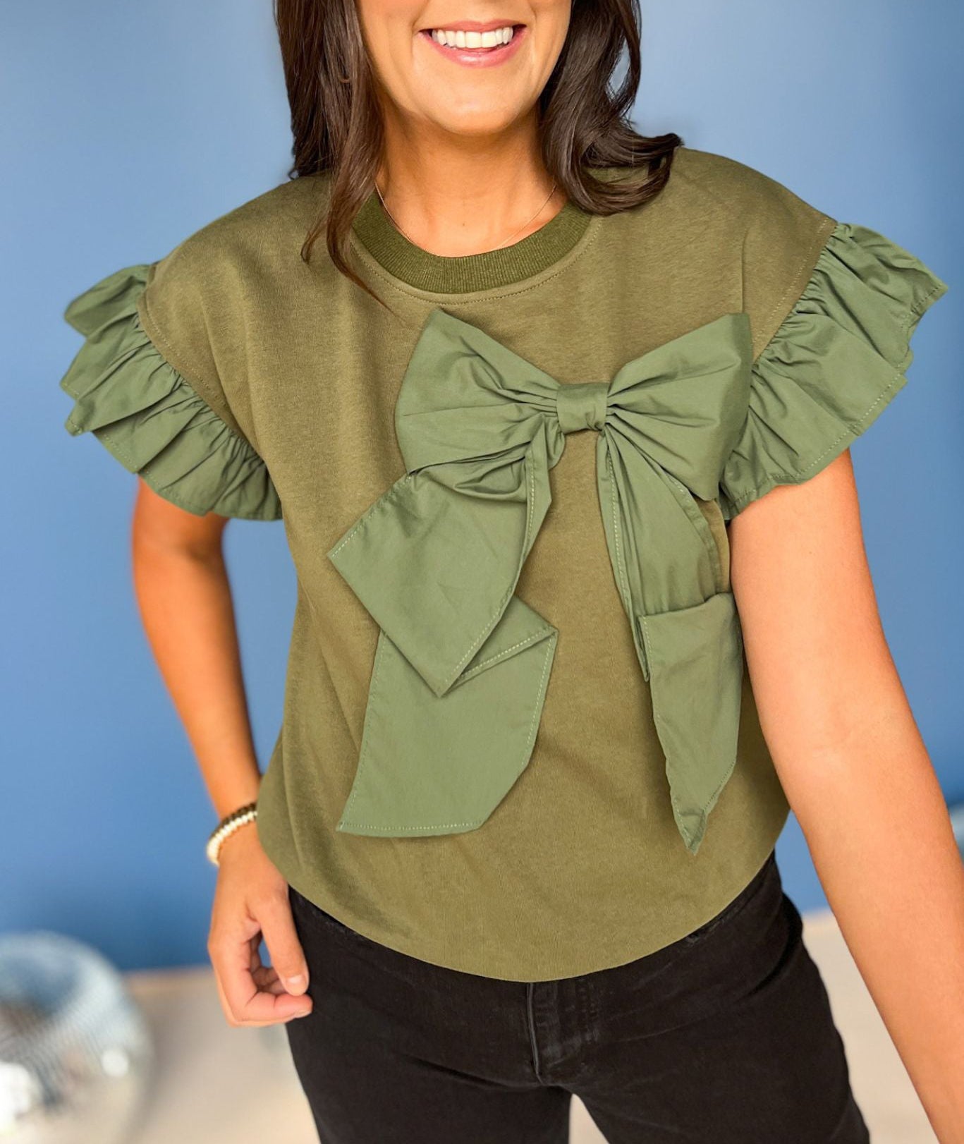 Women's Contrast Ribbon Bow Ruffle Sleeve Top (Buy 2 Free Shipping)