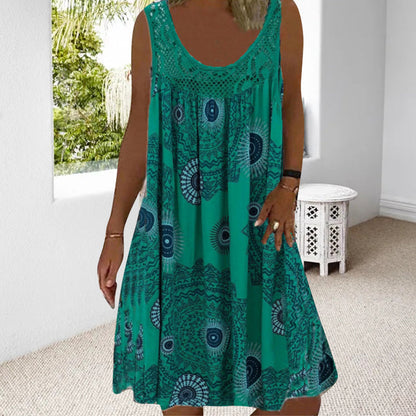 Women Summer O-Neck Sleeveless Print Dress