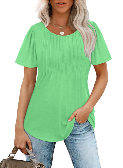 ⏰Hot Sale-Women's Short Sleeve Pleated Dressy Casual Scooped Neck Tops (Buy 3 Free Shipping)