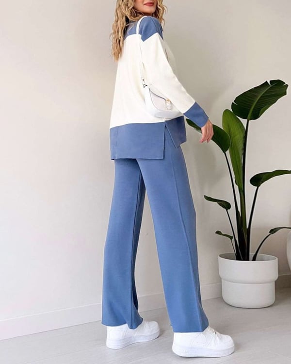 Color-blocking Sweater And Solid Color Long Pants Two-piece Set