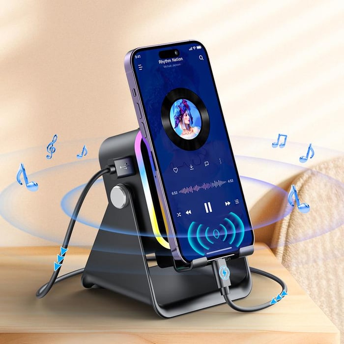 🎶📱 5-in-1 Wireless Induction Bluetooth Speaker with Adjustable Phone Stand
