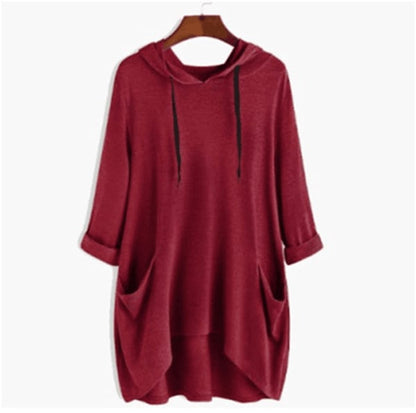 Women's Hooded Solid Color Loose Sweatshirt, Irregular Pocket Top