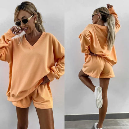 Women's 2-Piece Outfits Striped V Neck Loose Fit Top & Shorts