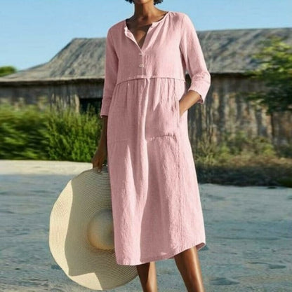 Robe longue uni en coton et lin avec poches 