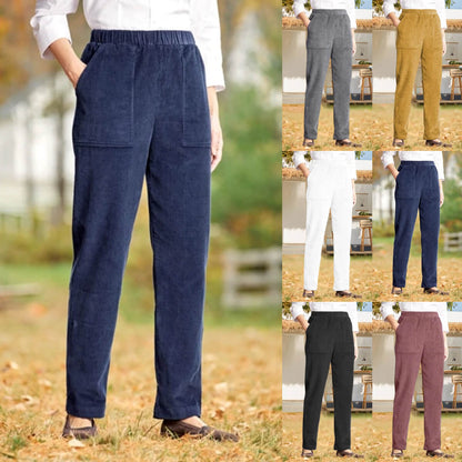 WOMEN'S SOLID COLOR ELASTIC WAIST CASUAL CORDUROY STRAIGHT LEG PANTS