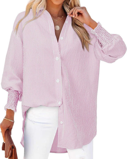 Oversized Striped Button-Down Puff Sleeve Shirt【Buy 2 Free Shipping】