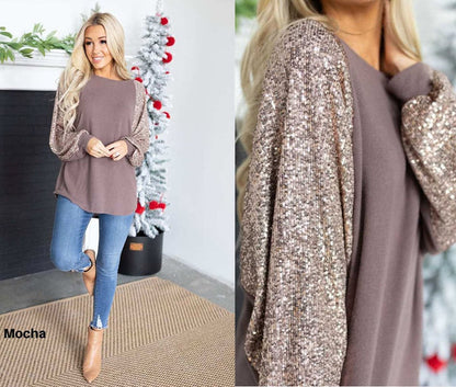 💃Sequin Stitching Women's Round Neck Loose Raglan Sleeve Top