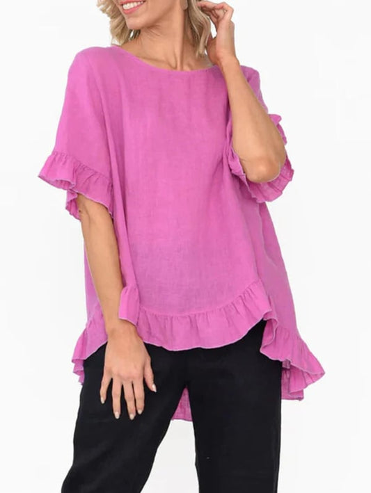 Ruffle Hem Short Sleeve Round Neck Button-Back Top (Buy 2 Free Shipping)