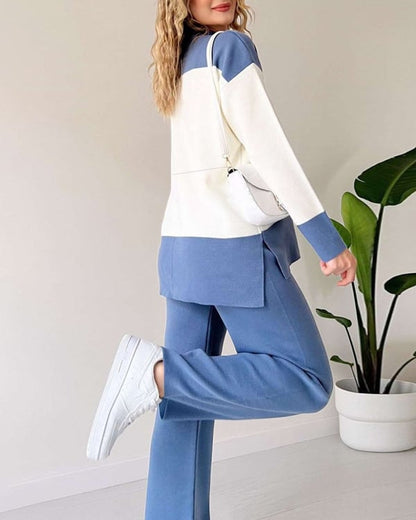 Color-blocking Sweater And Solid Color Long Pants Two-piece Set