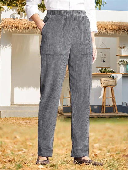 WOMEN'S SOLID COLOR ELASTIC WAIST CASUAL CORDUROY STRAIGHT LEG PANTS