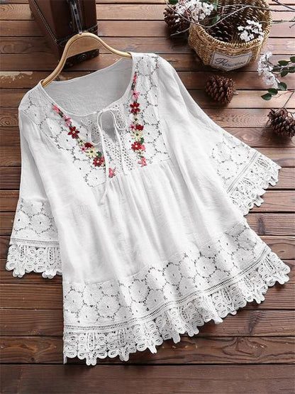 🔥Plus Size Blouses for Women Cotton Linen Elegant Blouse Lace Embroidery V Neck Shirts