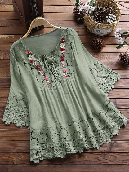 🔥Plus Size Blouses for Women Cotton Linen Elegant Blouse Lace Embroidery V Neck Shirts