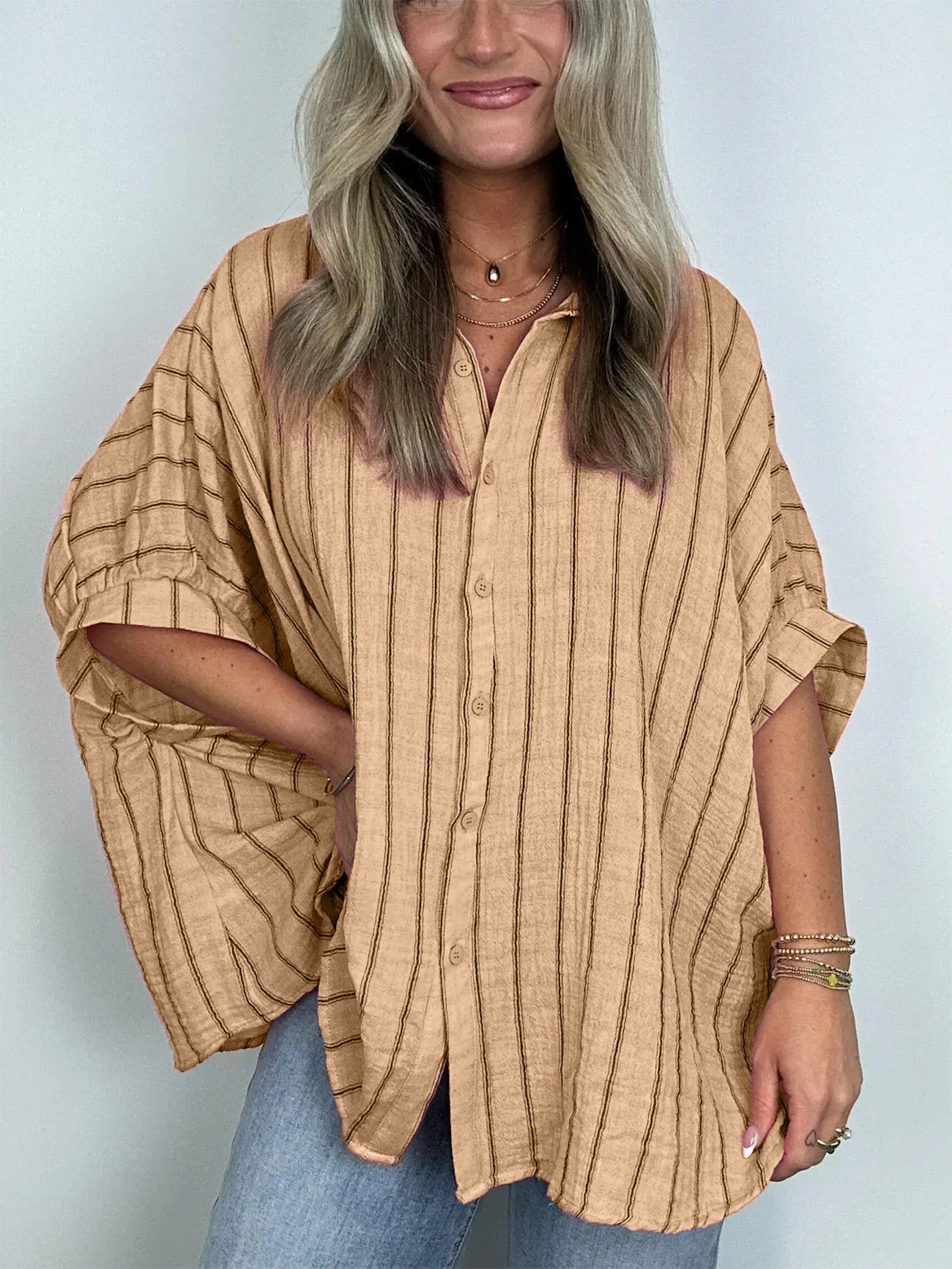 2024 POPULAR OVERSIZED STRIPED BUTTON DOWN TOP SHIRT JACKET