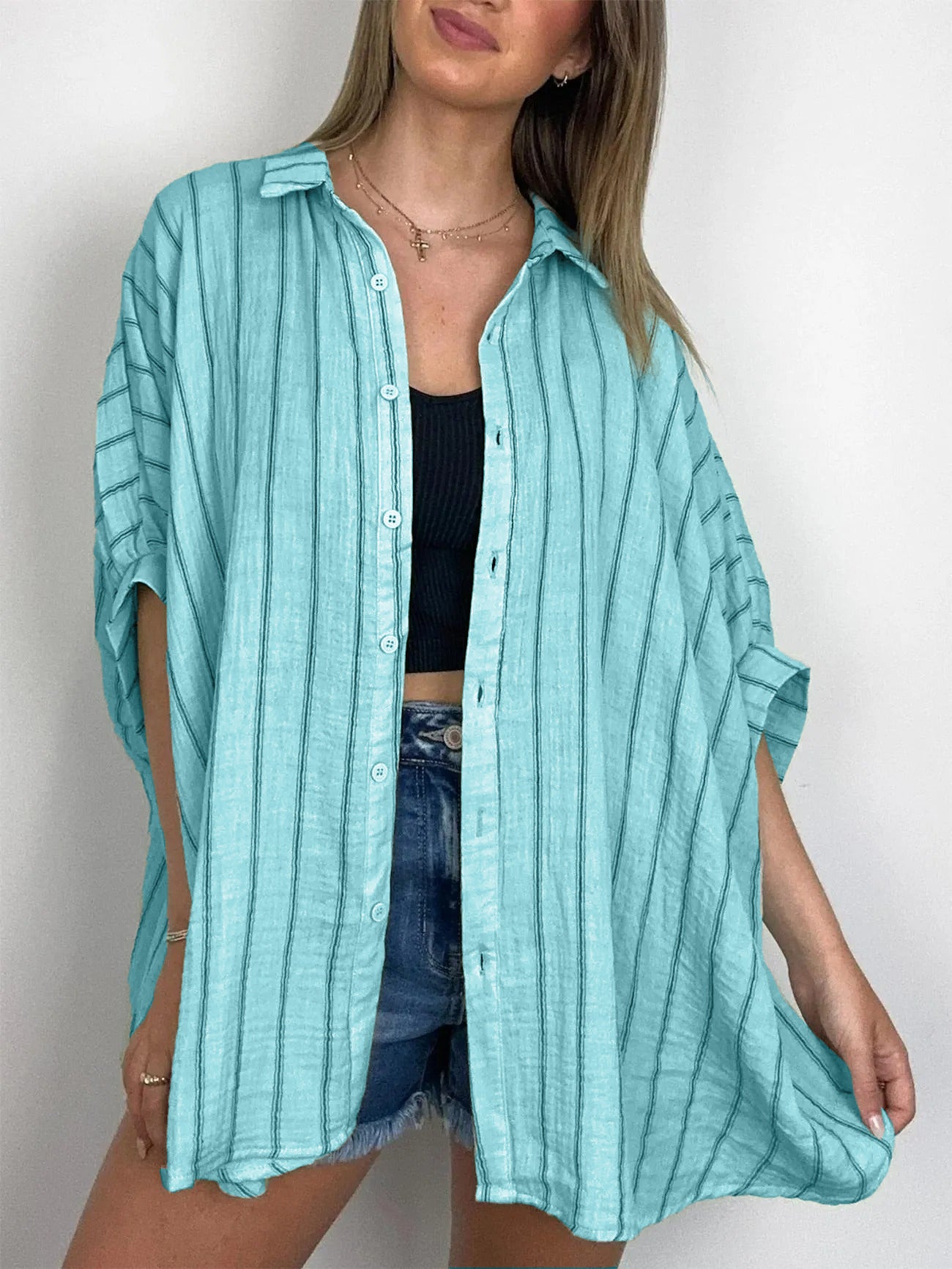 2024 POPULAR OVERSIZED STRIPED BUTTON DOWN TOP SHIRT JACKET