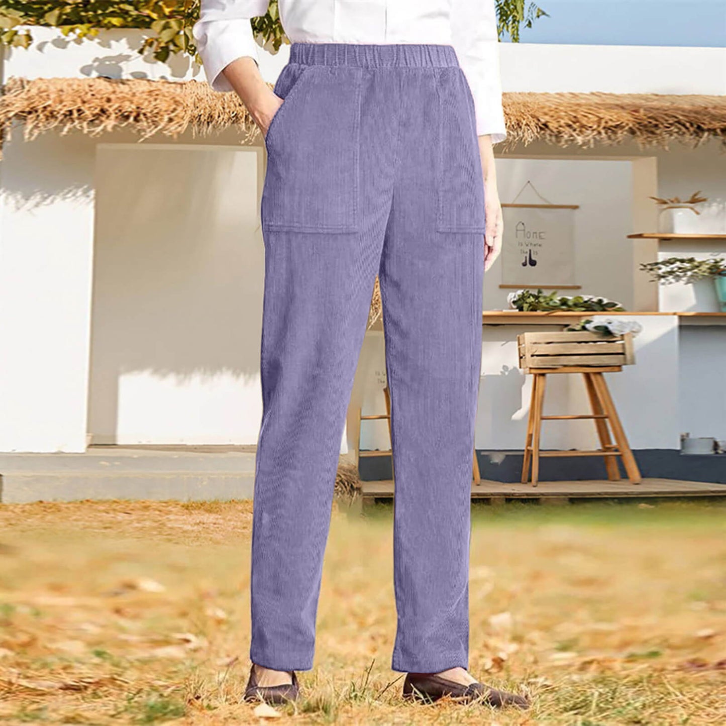 WOMEN'S SOLID COLOR ELASTIC WAIST CASUAL CORDUROY STRAIGHT LEG PANTS