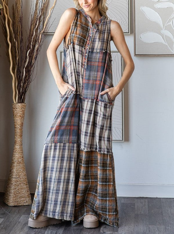 2025 New Year Sale 50% OFF-Extra Wide Leg Plaid Button Jumpsuit