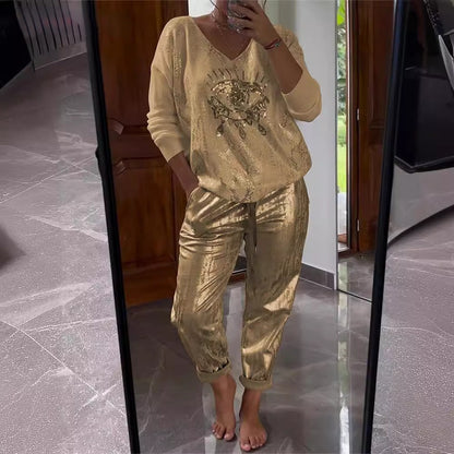 ✨Gold Shining Eye Print 2-piece suit: Blouse and trousers 🔥