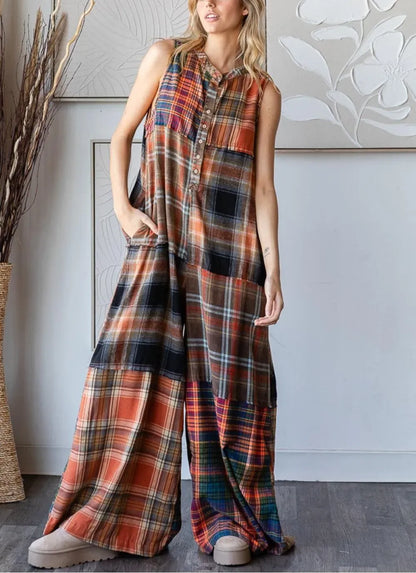 2025 New Year Sale 50% OFF-Extra Wide Leg Plaid Button Jumpsuit