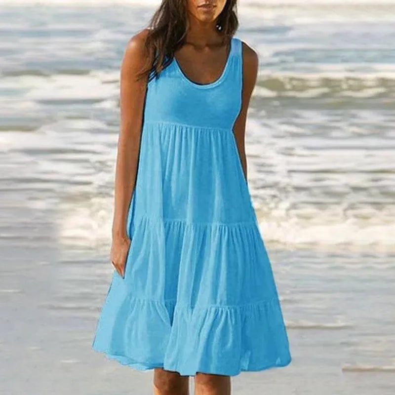 Paneled Solid Sleeveless Beach Midi Dress