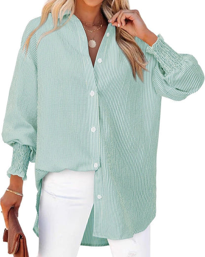 Oversized Striped Button-Down Puff Sleeve Shirt【Buy 2 Free Shipping】