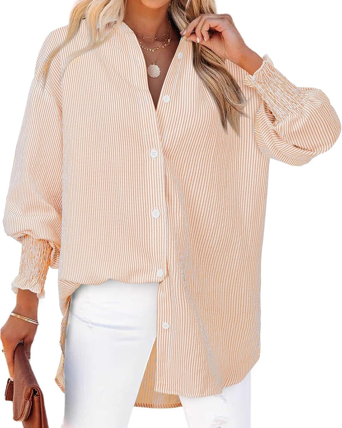 Oversized Striped Button-Down Puff Sleeve Shirt【Buy 2 Free Shipping】