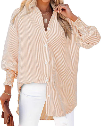 Oversized Striped Button-Down Puff Sleeve Shirt【Buy 2 Free Shipping】