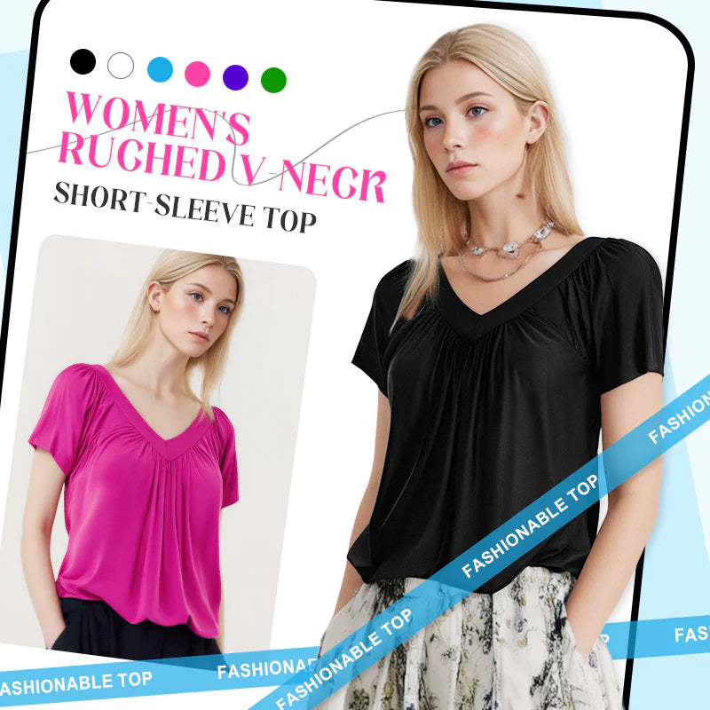Women's Casual Pleated V-Neck Short-Sleeve Top (Buy 3 Free Shipping)