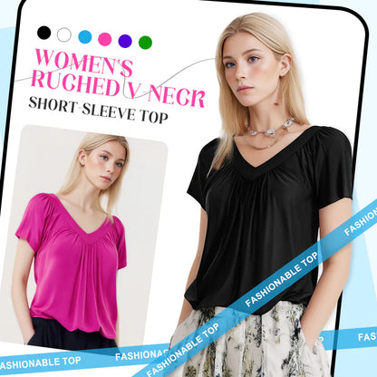 Women's Casual Pleated V-Neck Short-Sleeve Top (Buy 3 Free Shipping)