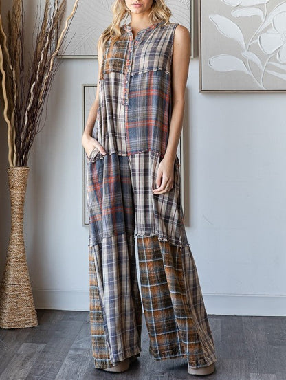 2025 New Year Sale 50% OFF-Extra Wide Leg Plaid Button Jumpsuit