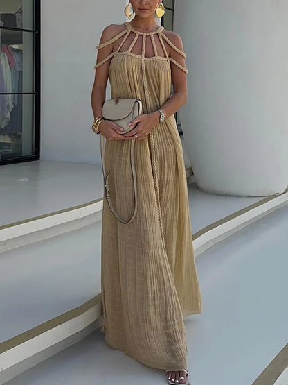 Modern and Sophisticated Linen Blend Draped Braids Cover Up Maxi Dress (Buy 2 Free Shipping)