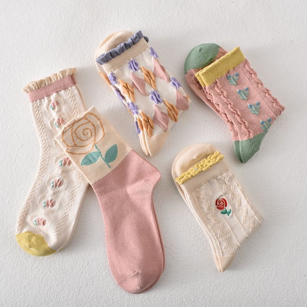 Sale 50%OFF-5 pairs of women's pink floral cotton socks