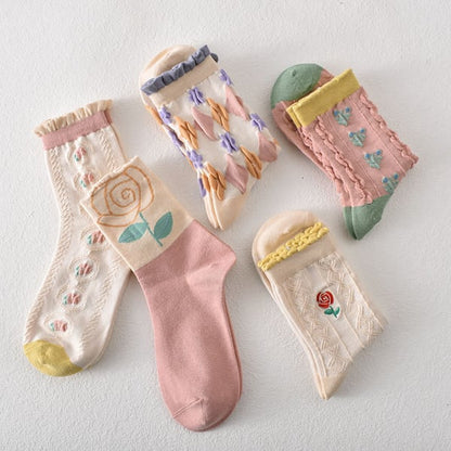 Sale 50%OFF-5 pairs of women's pink floral cotton socks