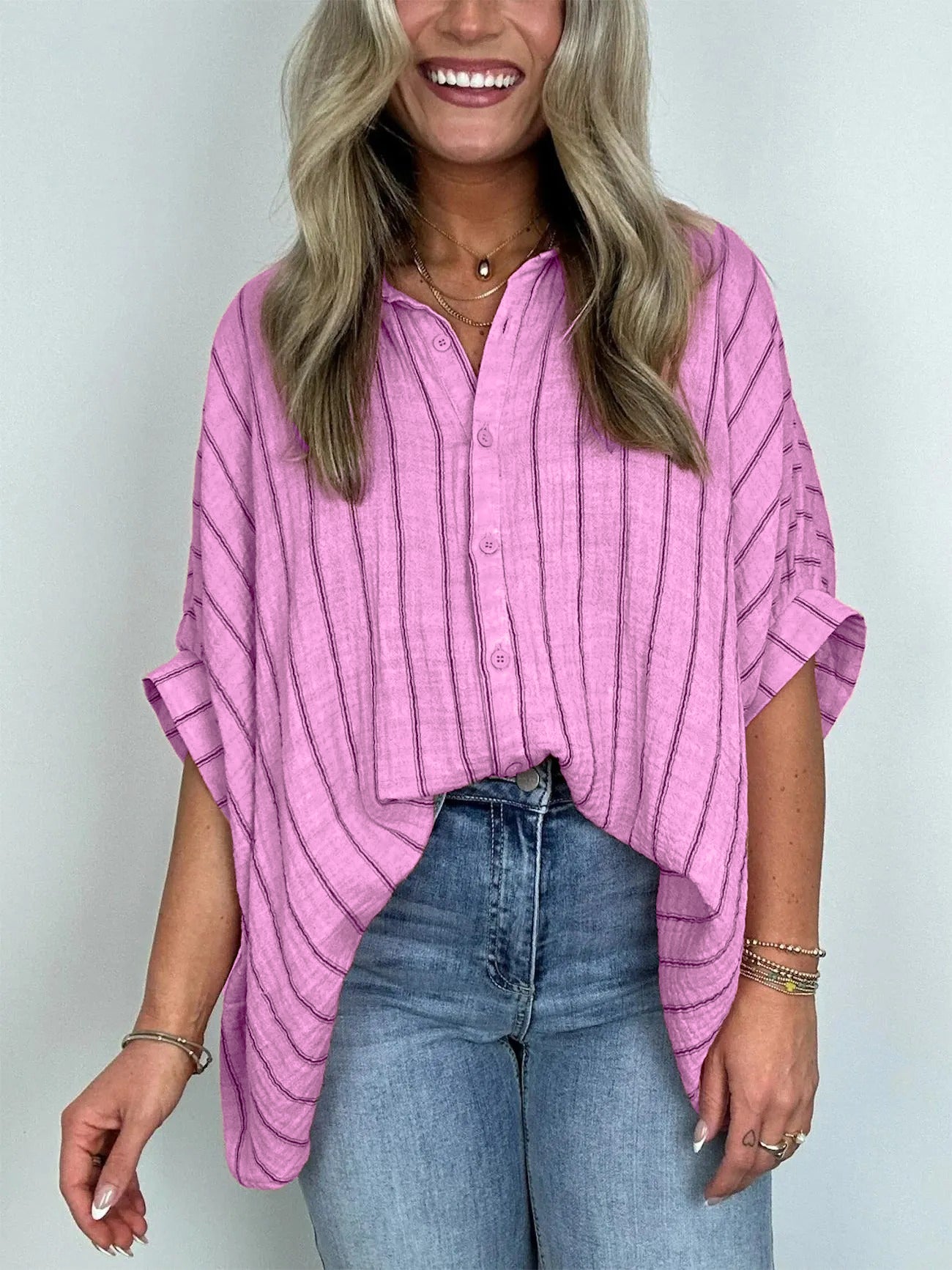 2024 POPULAR OVERSIZED STRIPED BUTTON DOWN TOP SHIRT JACKET