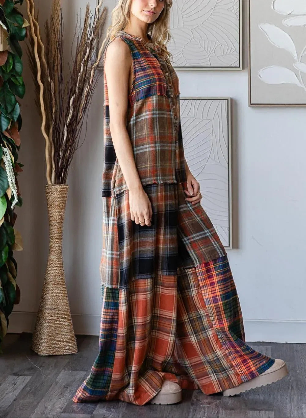 2025 New Year Sale 50% OFF-Extra Wide Leg Plaid Button Jumpsuit