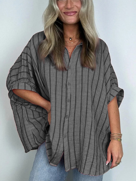 2024 POPULAR OVERSIZED STRIPED BUTTON DOWN TOP SHIRT JACKET