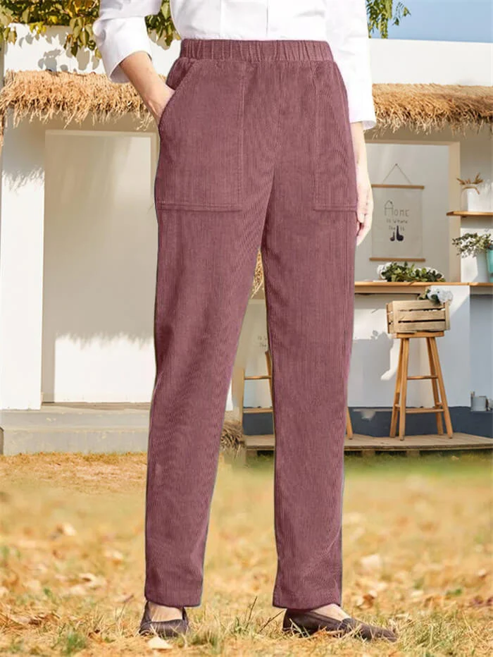 WOMEN'S SOLID COLOR ELASTIC WAIST CASUAL CORDUROY STRAIGHT LEG PANTS