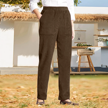 WOMEN'S SOLID COLOR ELASTIC WAIST CASUAL CORDUROY STRAIGHT LEG PANTS