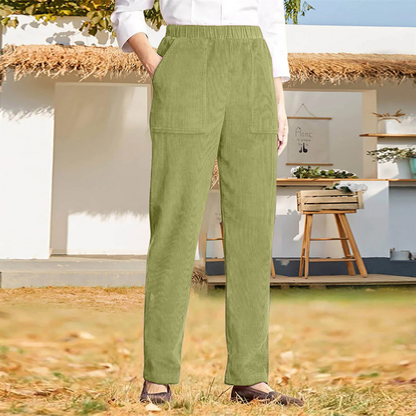 WOMEN'S SOLID COLOR ELASTIC WAIST CASUAL CORDUROY STRAIGHT LEG PANTS