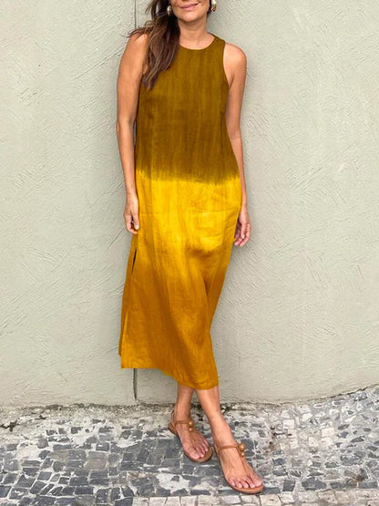 Women's casual cotton and linen sleeveless slit gradient tie-dye long dress（🔥Buy 2 Free Shipping🔥）