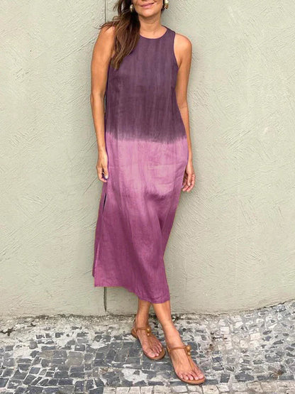 Women's casual cotton and linen sleeveless slit gradient tie-dye long dress（🔥Buy 2 Free Shipping🔥）