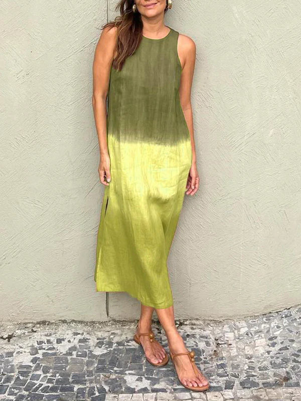 Women's casual cotton and linen sleeveless slit gradient tie-dye long dress（🔥Buy 2 Free Shipping🔥）